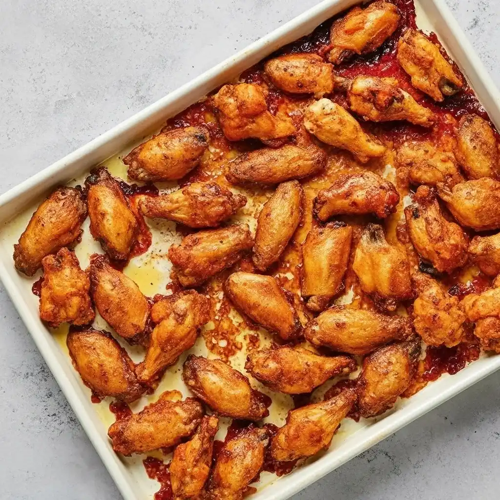 Golden baked chicken wings on a tray, cooked until crispy.