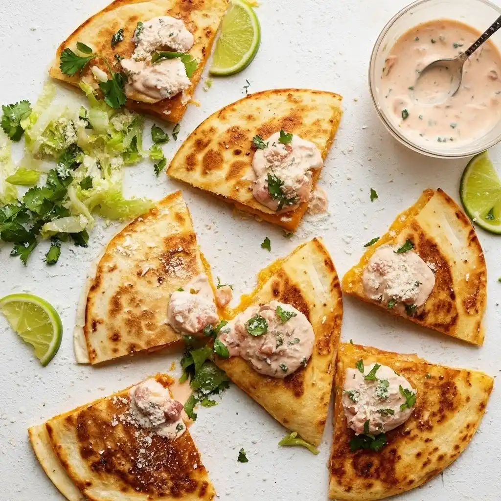 close up of crispy hot honey chicken quesadilla with melted cheese