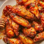 Hot honey chicken wings: Crispy chicken wings glazed with hot honey and sesame seeds.