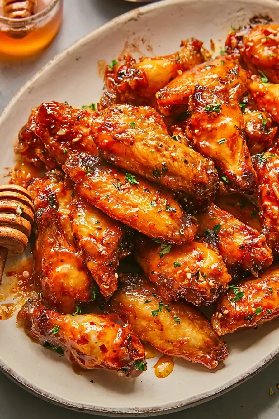 Hot honey chicken wings: Crispy chicken wings glazed with hot honey and sesame seeds.