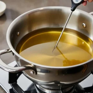 Stainless steel pot with oil and thermometer checking temperature for frying hot honey chicken.
