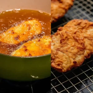 Crispy hot honey chicken frying in oil and cooling on a rack