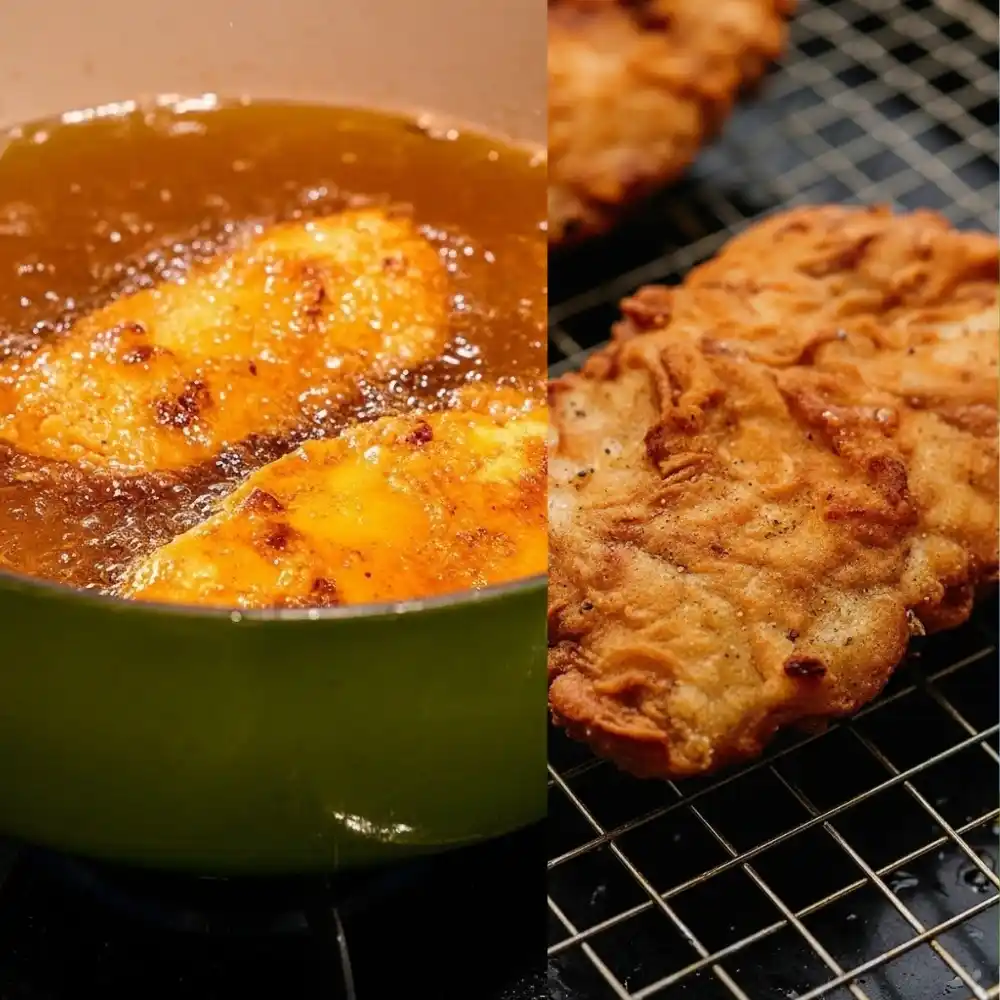 Crispy hot honey chicken frying in oil and cooling on a rack