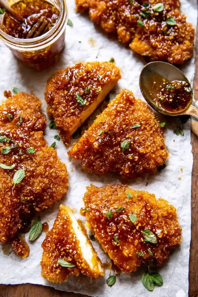 Crispy hot honey chicken coated in a sweet and spicy glaze, topped with fresh herbs.