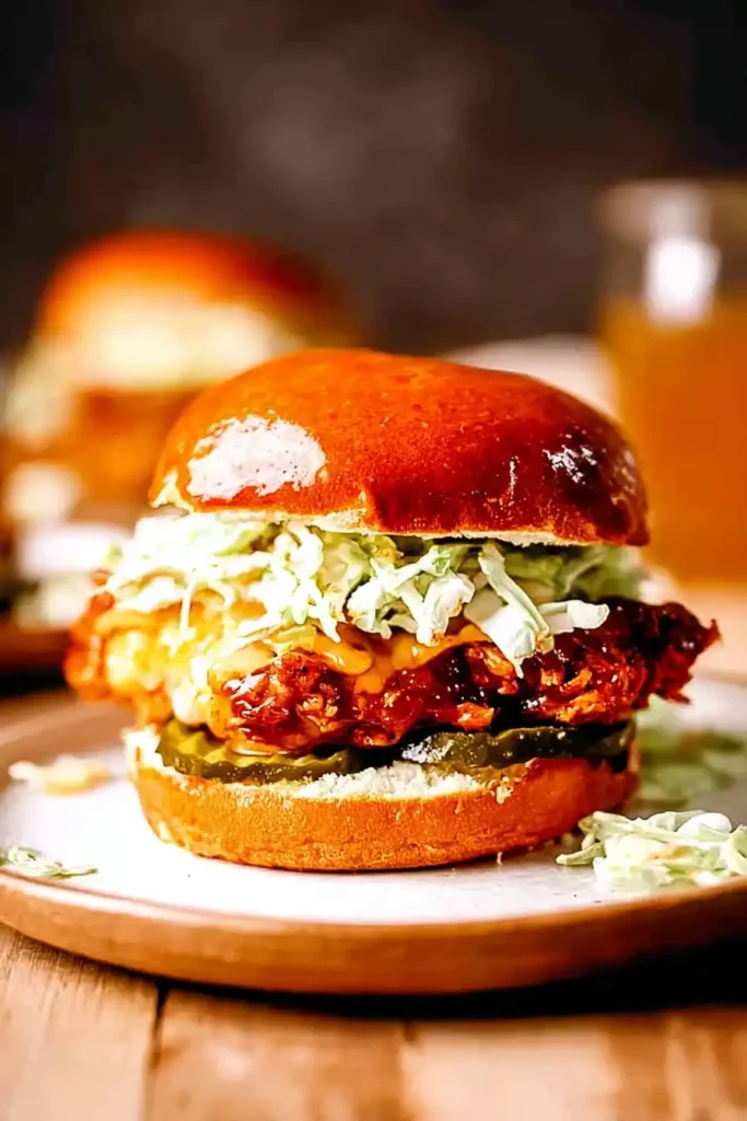 Juicy hot honey chicken sandwich with coleslaw and pickles