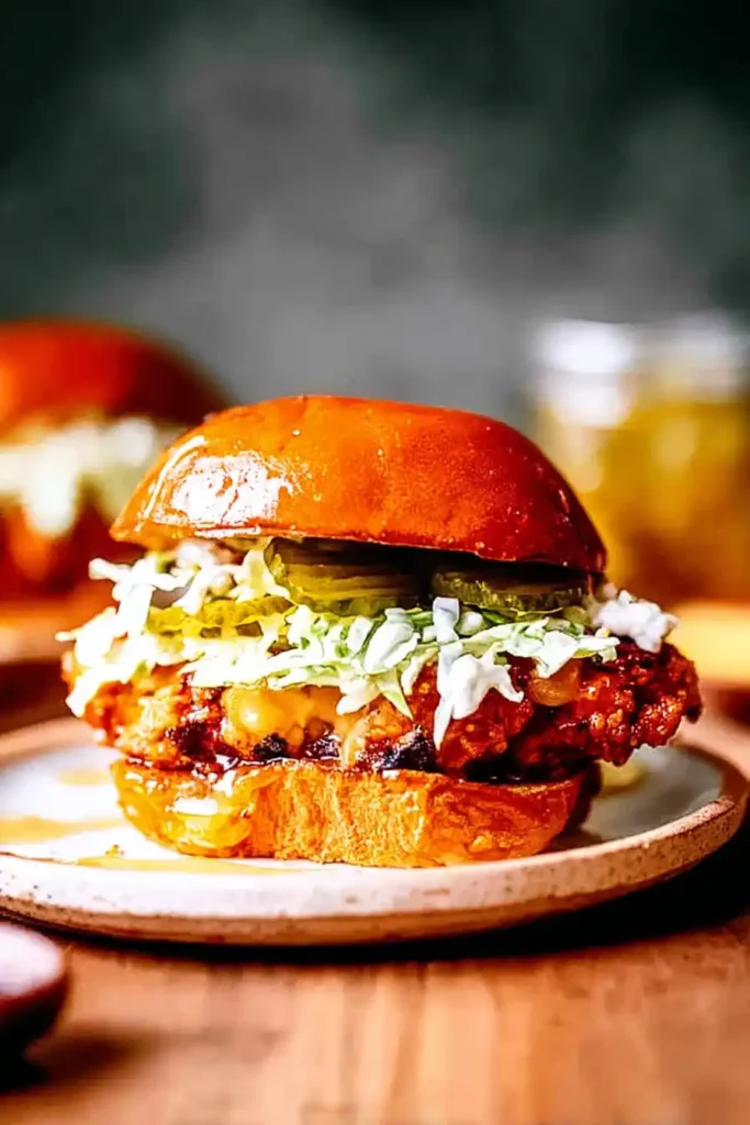 Crispy hot honey chicken sandwich stacked with slaw and pickles
