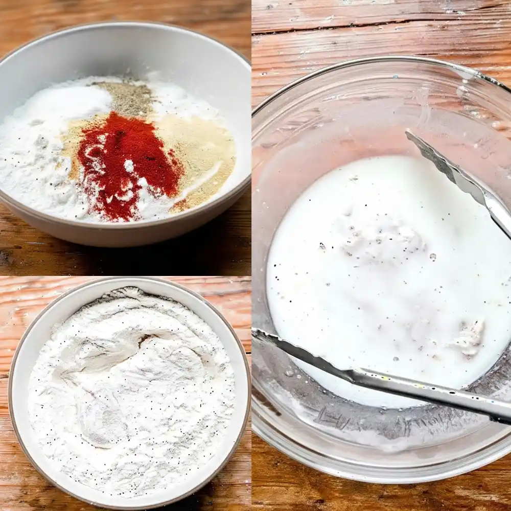 Seasoned flour dredge and buttermilk dip for crispy hot honey chicken sandwich coating