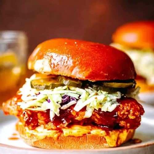 Hot honey chicken sandwich with slaw and pickles on brioche bun