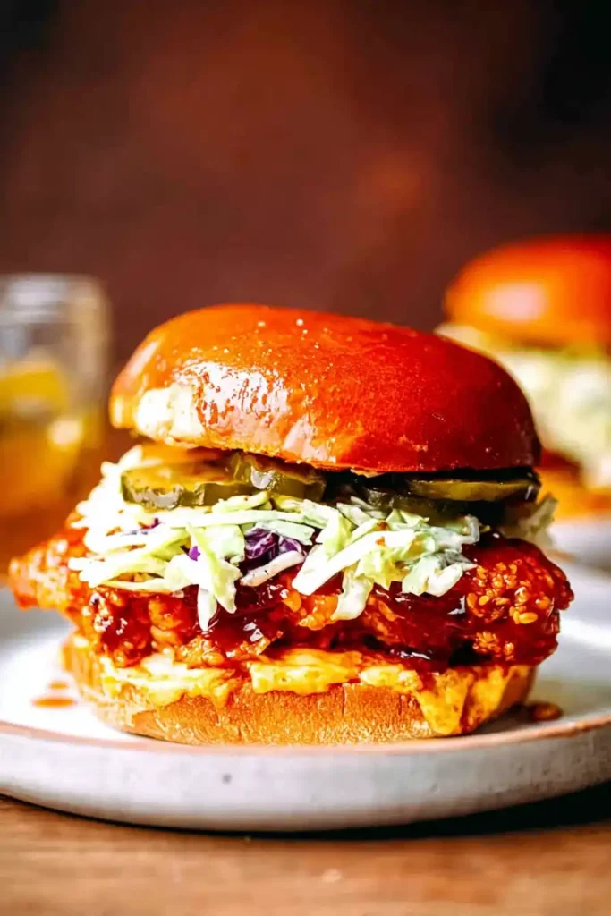Hot honey chicken sandwich with slaw and pickles on brioche bun
