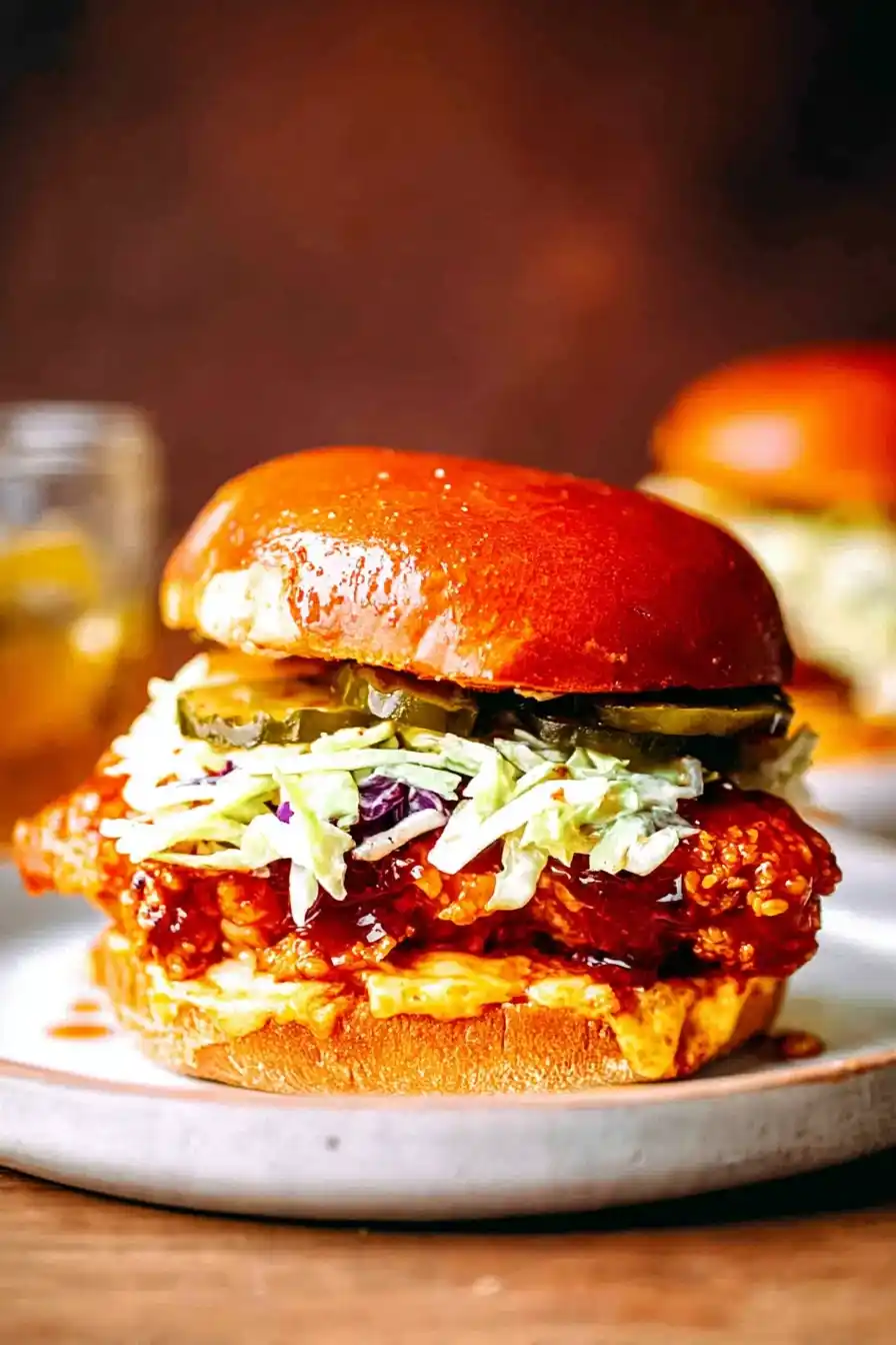 Hot honey chicken sandwich with slaw and pickles on brioche bun