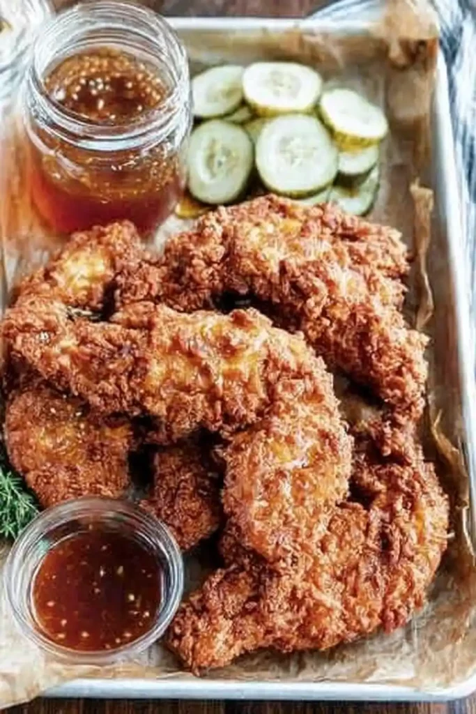 Crispy hot honey chicken tenders served with dipping sauce and pickles