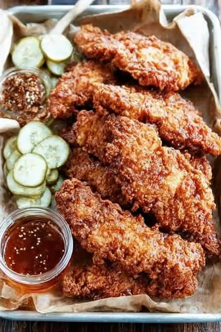 Hot Honey Chicken Tenders 3 Hot honey chicken tenders with pickles and dipping sauce