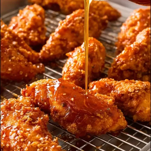 Hot honey chicken tenders drizzled with sticky sweet-spicy glaze