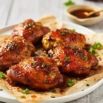 Close-up of hot honey chicken thighs with parsley garnish