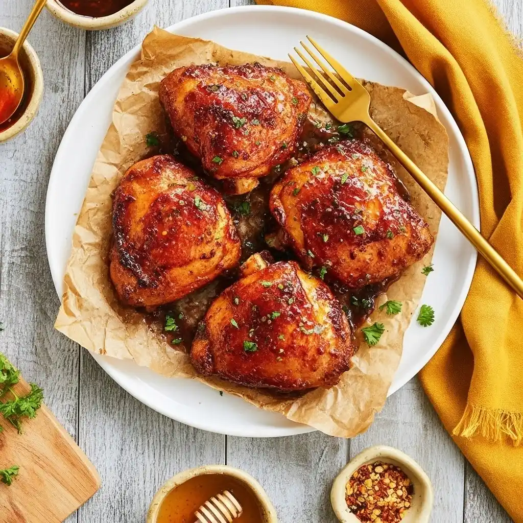 Hot honey chicken thighs garnished with parsley on plate