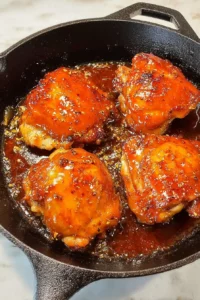Crispy hot honey chicken thighs in cast iron skillet