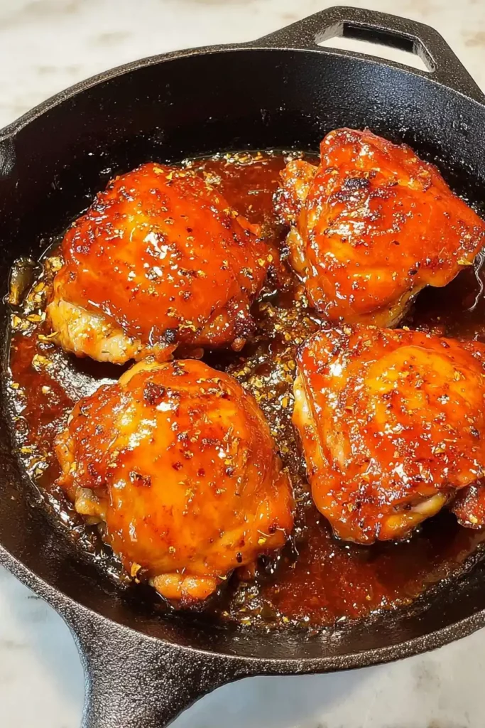 Crispy hot honey chicken thighs in cast iron skillet