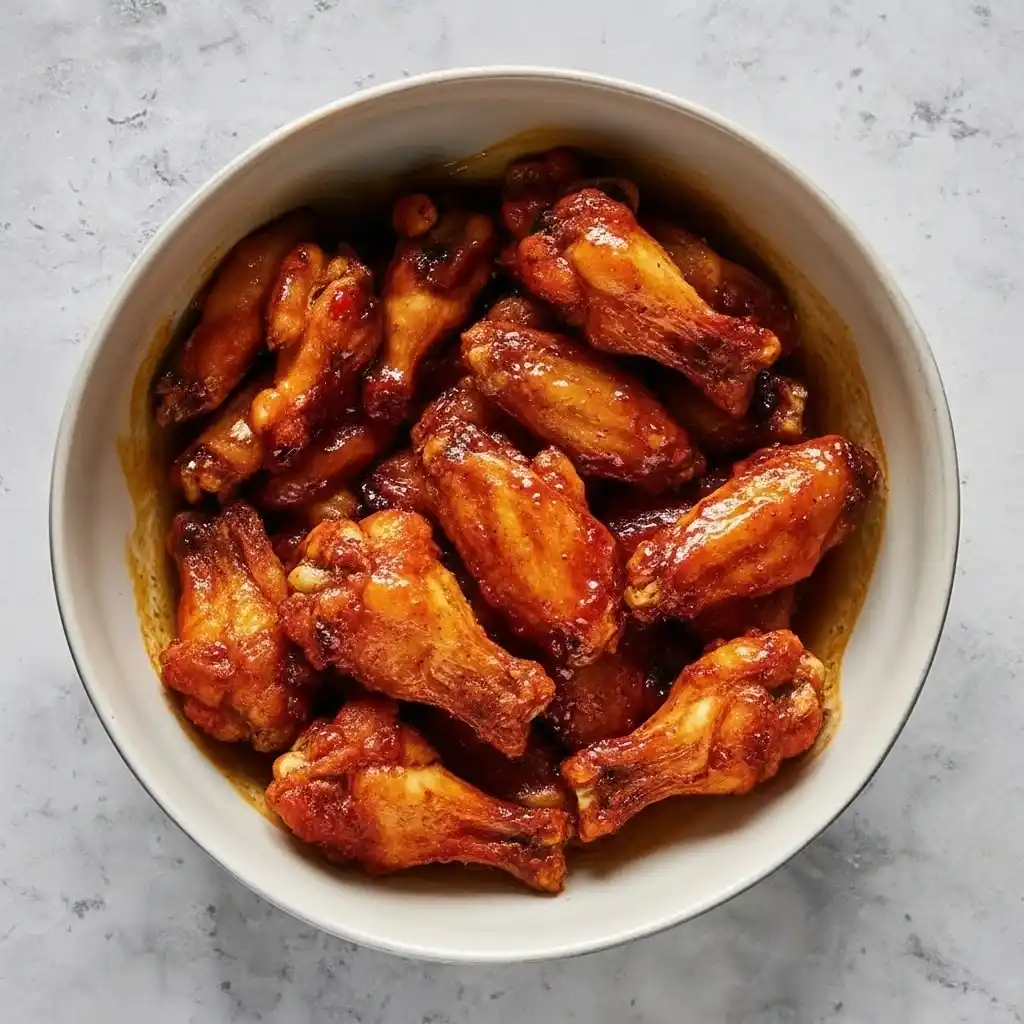 Chicken wings tossed in hot honey sauce inside a white bowl.