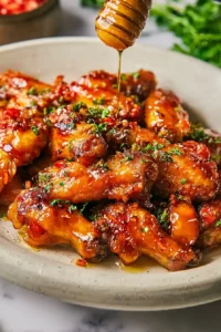 Crispy hot honey chicken wings drizzled with golden honey.