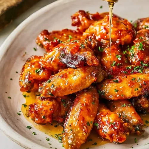 hot honey chicken recipes: Hot honey chicken wings drizzled with sweet and spicy honey glaze, garnished with parsley.