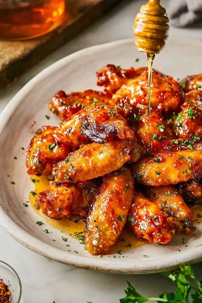 hot honey chicken recipes: Hot honey chicken wings drizzled with sweet and spicy honey glaze, garnished with parsley.