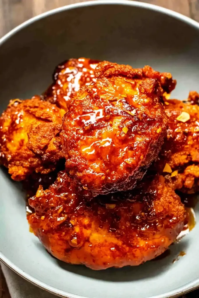 Crispy fried chicken tossed in sticky hot honey glaze