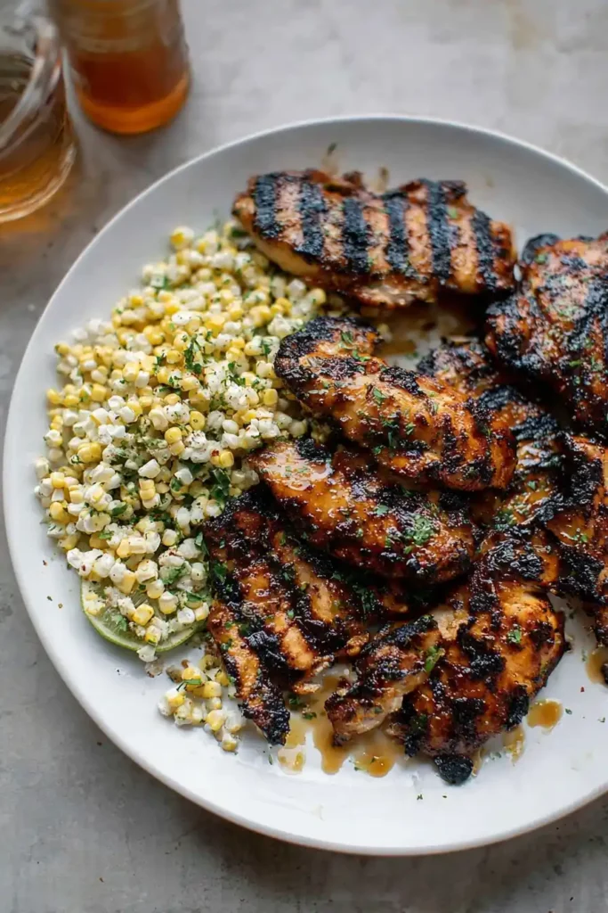 Hot Honey Grilled Chicken 2 Hot Honey Grilled Chicken with corn salad and lime wedges
