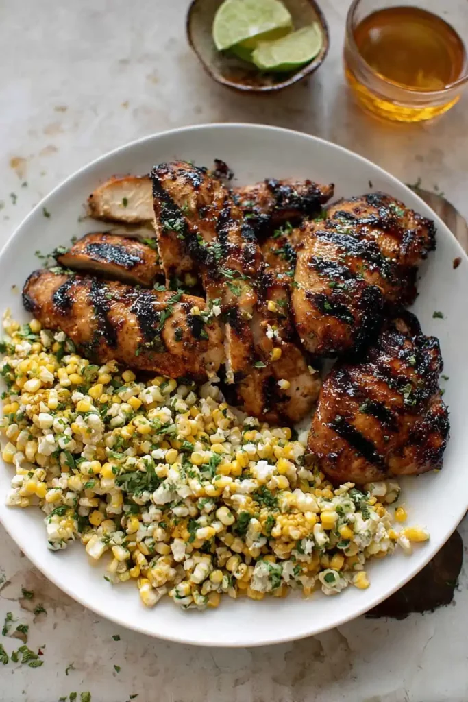 Hot Honey Grilled Chicken 11 Grilled hot honey chicken thighs on plate with corn salad