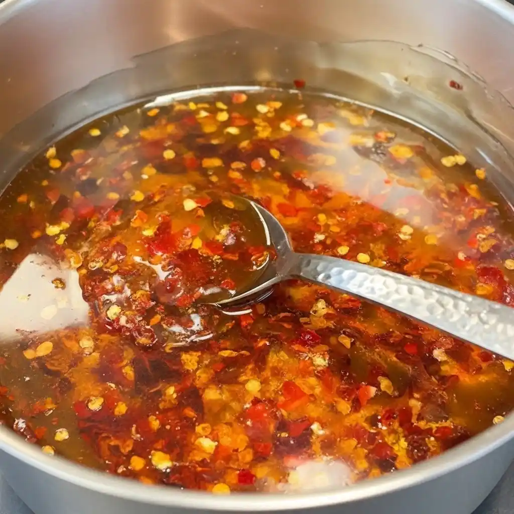 Hot Honey Chicken Tenders 15 Homemade hot honey sauce simmering with chili flakes