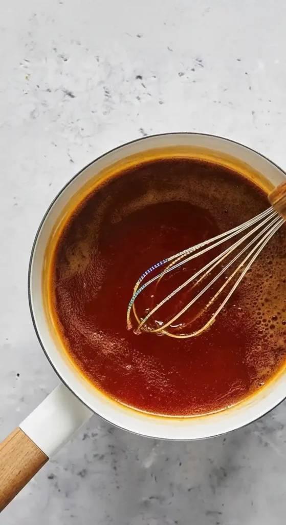 Hot honey sauce simmering in a saucepan with a whisk.