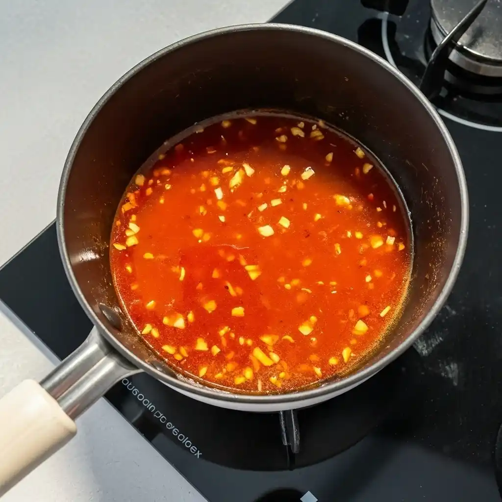 Hot honey sauce bubbling in saucepan with garlic
