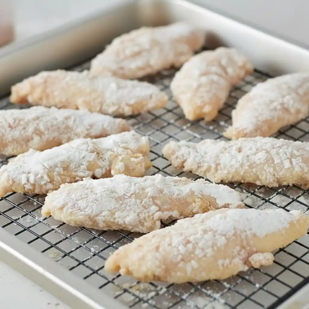 Hot Honey Chicken Tenders 13 Breaded chicken tenders resting before frying