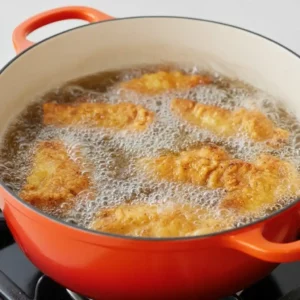 Hot Honey Chicken Tenders 8 Chicken tenders frying in hot oil for crispy coating