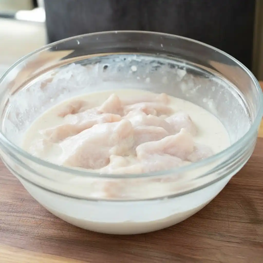 Hot Honey Chicken Tenders 11 Chicken tenders marinating in buttermilk brine