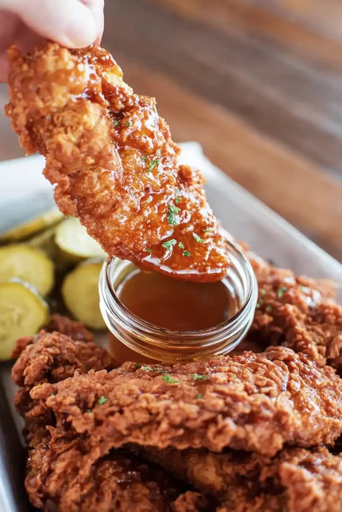 Hot Honey Chicken Tenders 2 Crispy chicken tender dipped in hot honey sauce