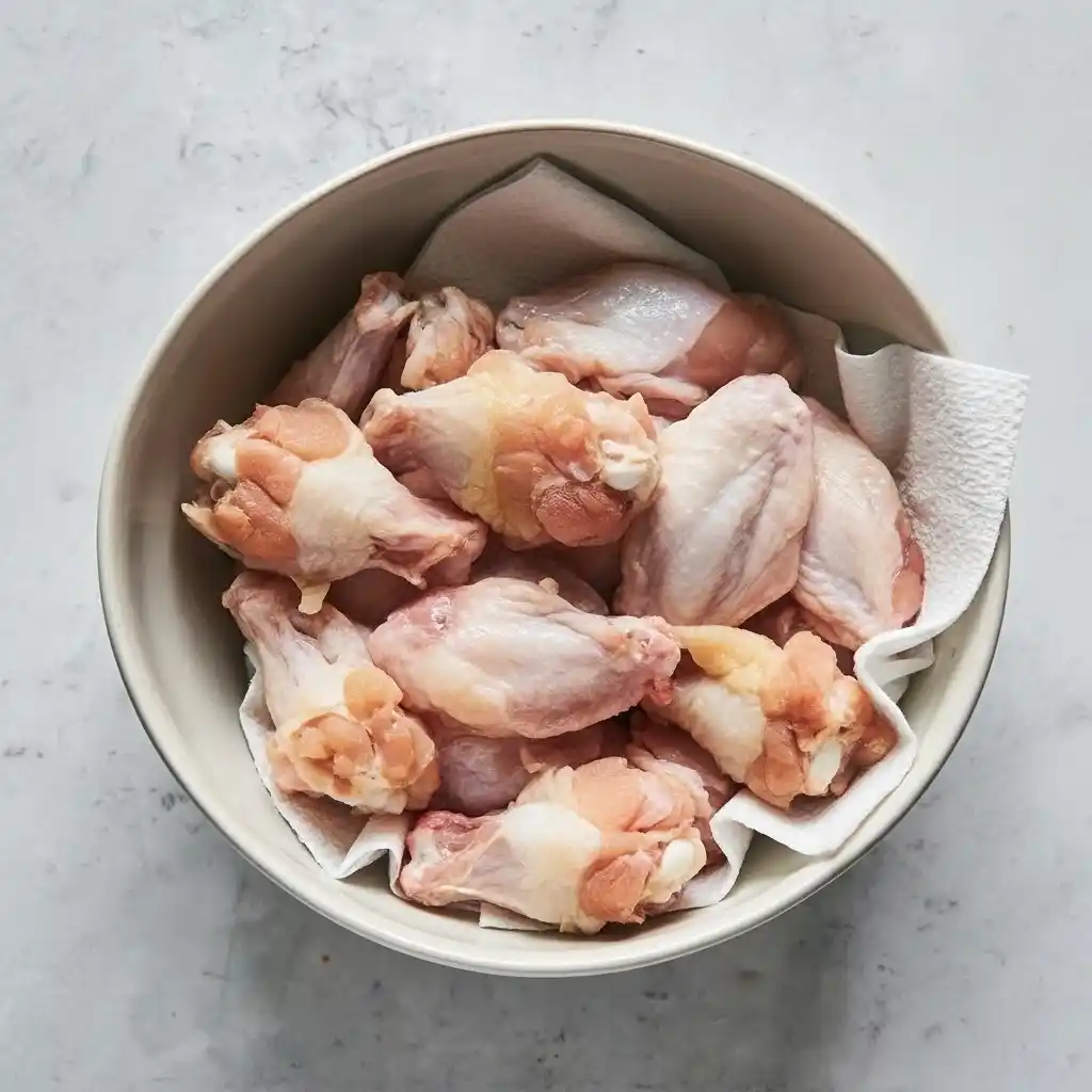Raw chicken wings in a bowl lined with paper towels, ready for seasoning.