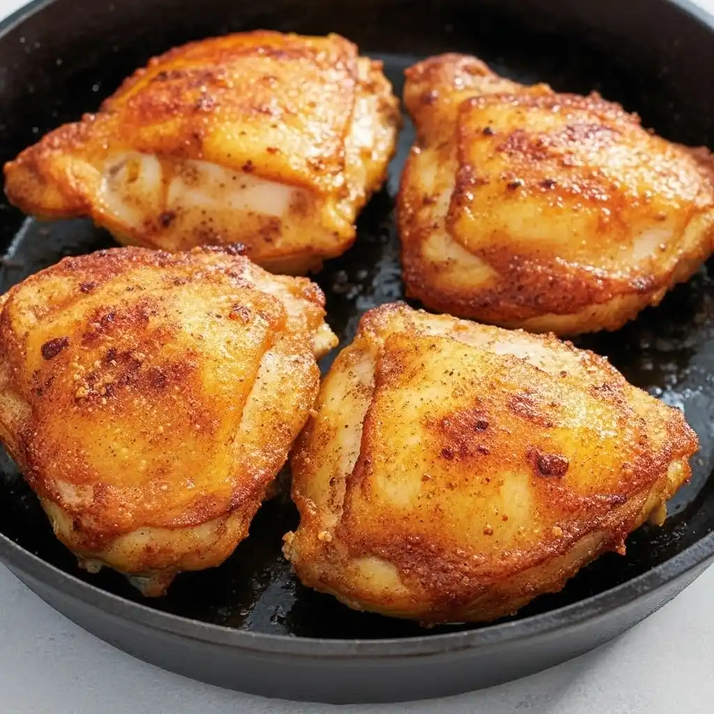 Chicken thighs searing golden brown in skillet