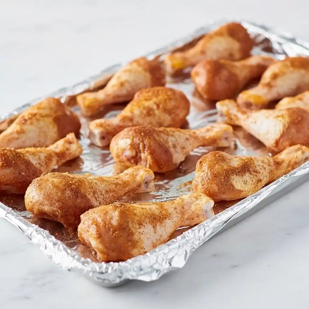 Raw chicken drumsticks with spice rub on baking tray