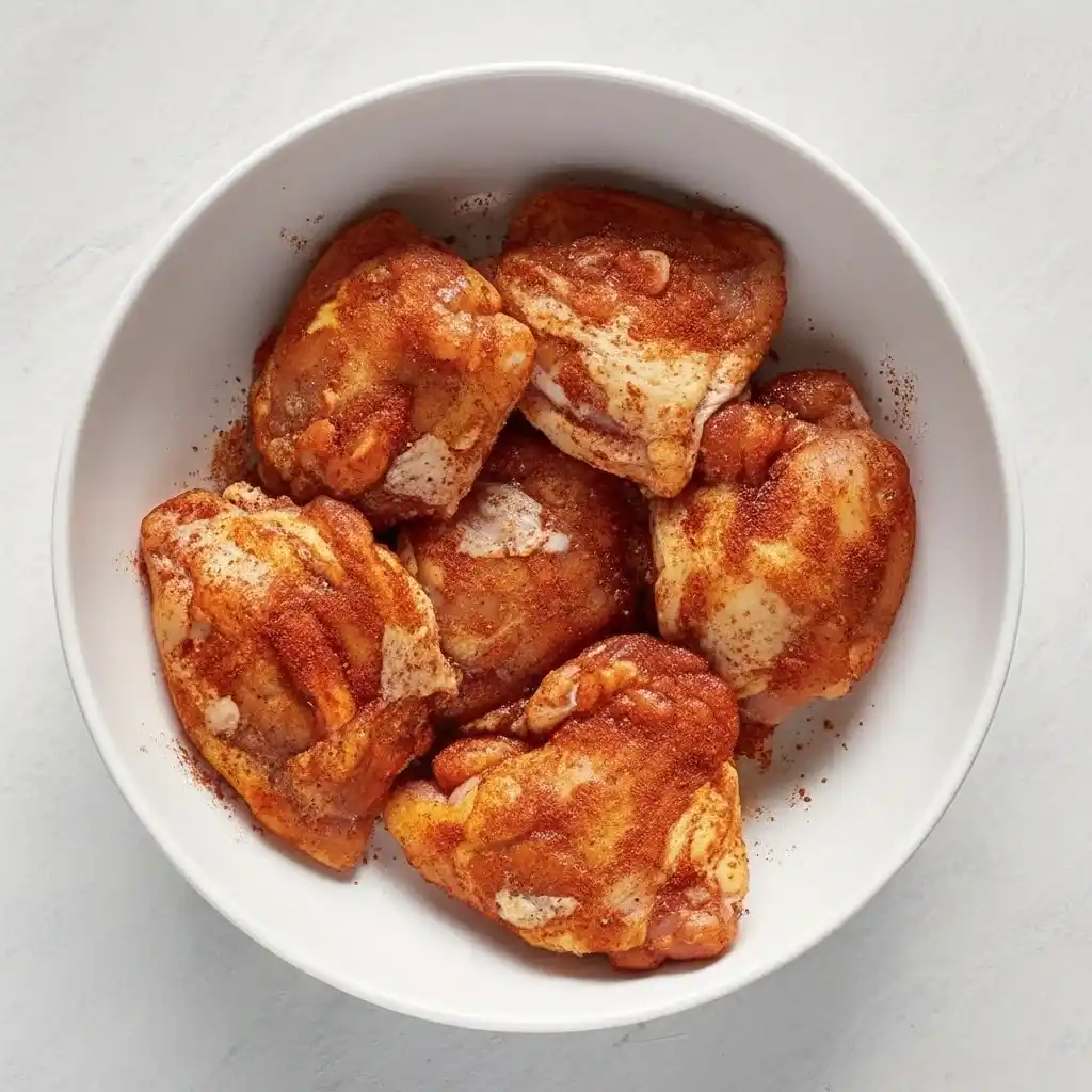 Raw chicken thighs seasoned with paprika and spices in bowl