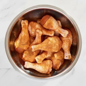 Drumsticks coated with spice rub in mixing bowl