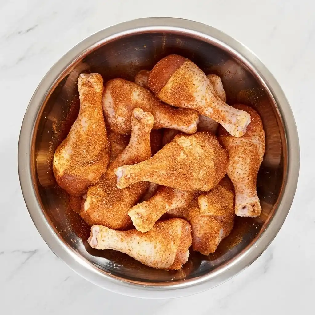 Drumsticks coated with spice rub in mixing bowl