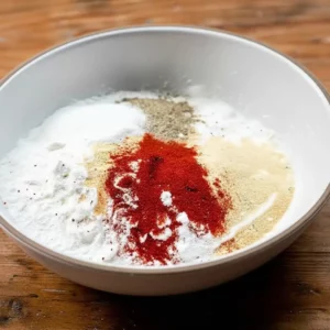 Flour, cornstarch, paprika, garlic powder, onion powder, and spices mixed for hot honey chicken sandwich coating.