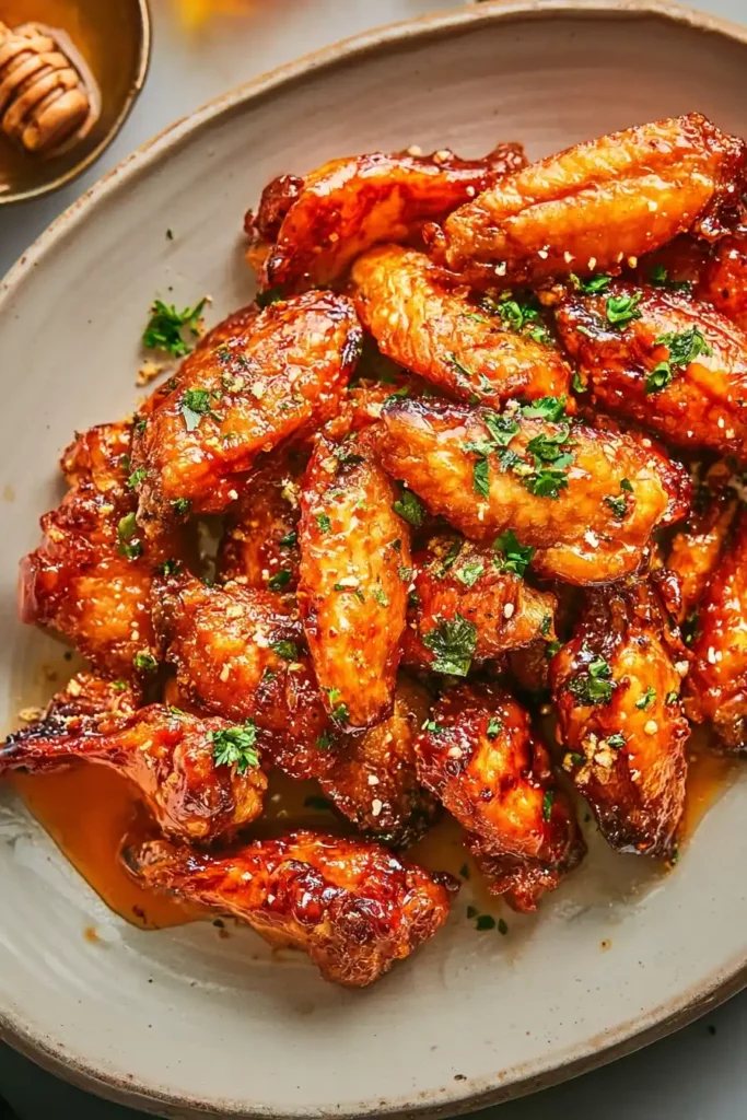 Sweet and spicy hot honey chicken wings topped with fresh parsley.