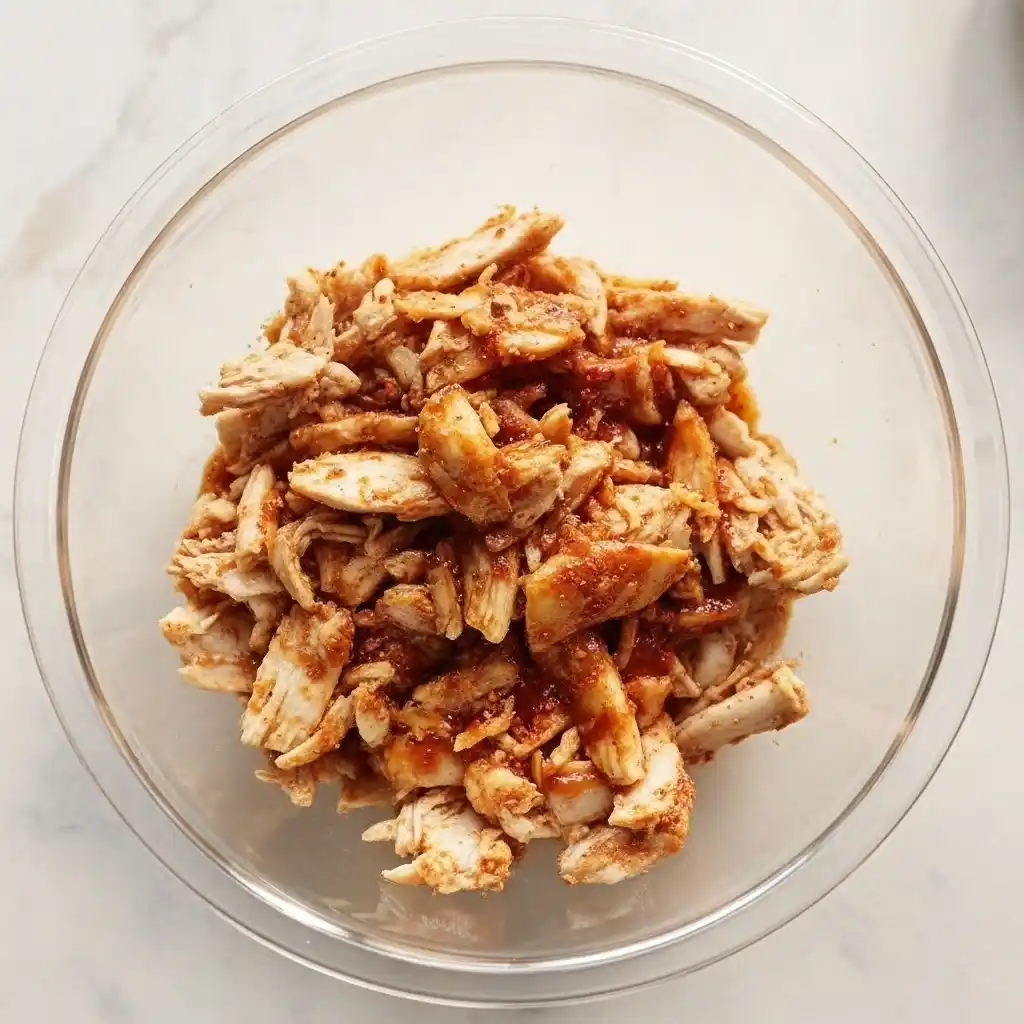 Hot Honey Chicken Quesadillas Recipe 8 mixing shredded chicken with chipotle powder and honey in a bowl