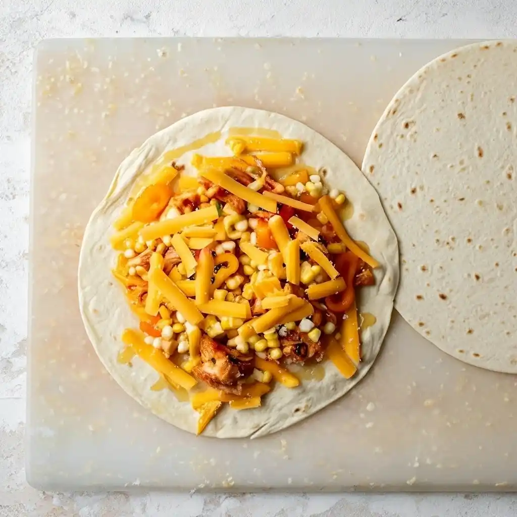 Hot Honey Chicken Quesadillas Recipe 9 assembling a hot honey chicken quesadilla with cheese and corn on tortilla