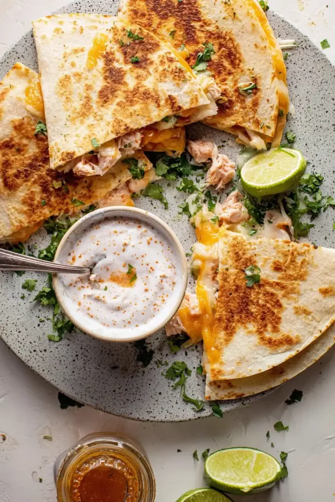Hot Honey Chicken Quesadillas Recipe 10 stack of hot honey chicken quesadillas with guacamole and cilantro