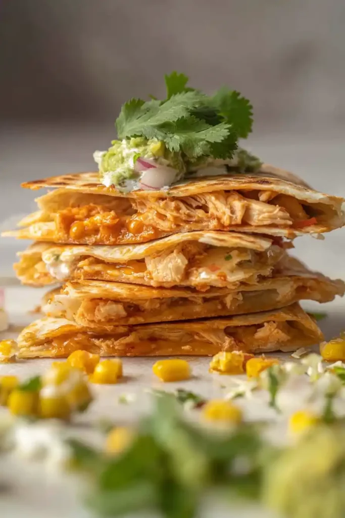 Hot Honey Chicken Quesadillas Recipe 11 stacked layers of hot honey chicken quesadillas with creamy sauce